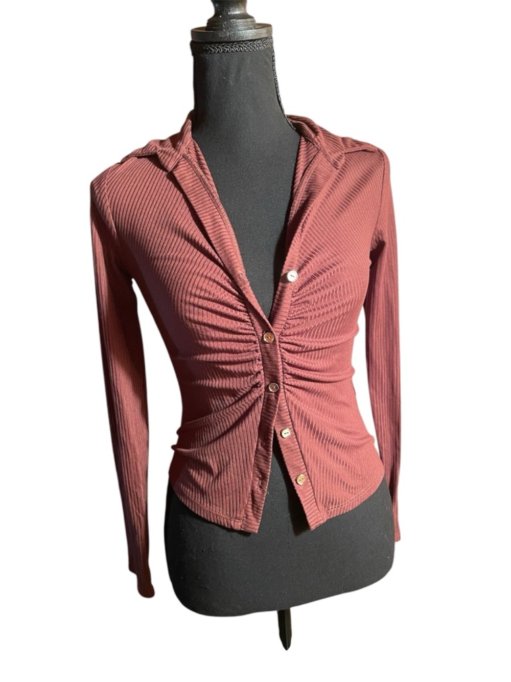 Ruched Button-Front Hooded Rib Knit Top in Dusty Rose